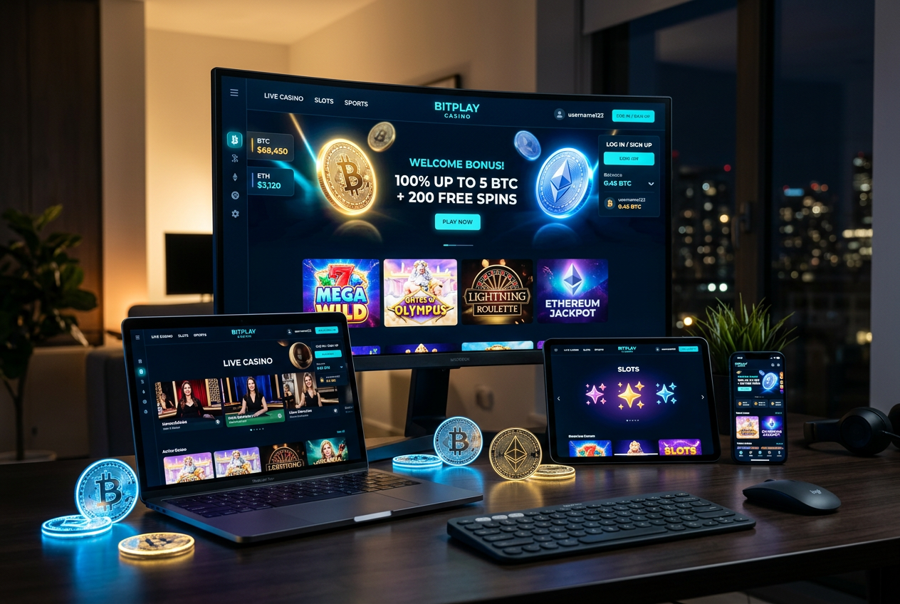 Interfejs nowoczesnego kasyna krypto wyświetlany na smartfonie i laptopie z logotypami Bitcoin i Ethereum