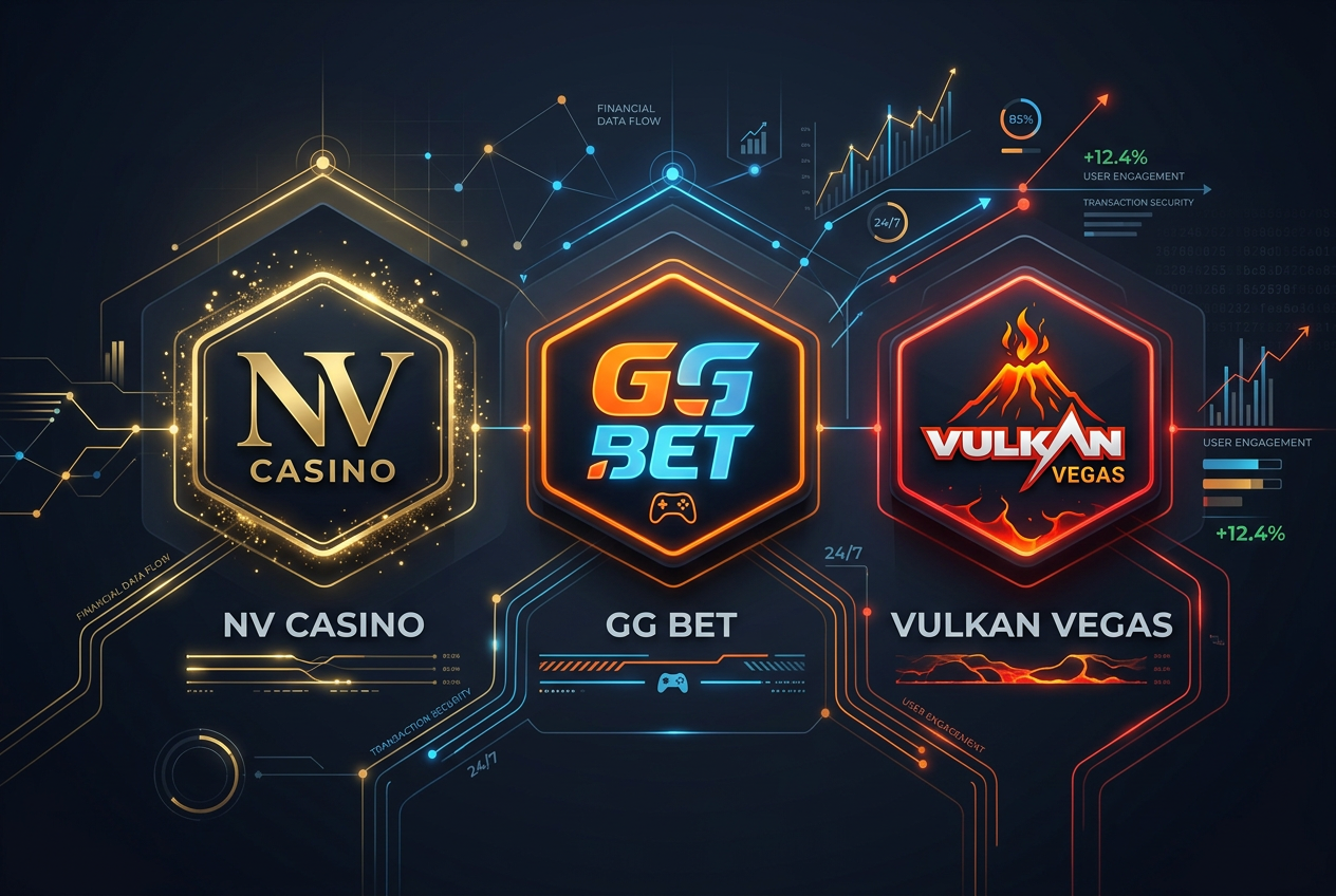 Porównanie logotypów NV Casino, GG Bet i Vulkan Vegas