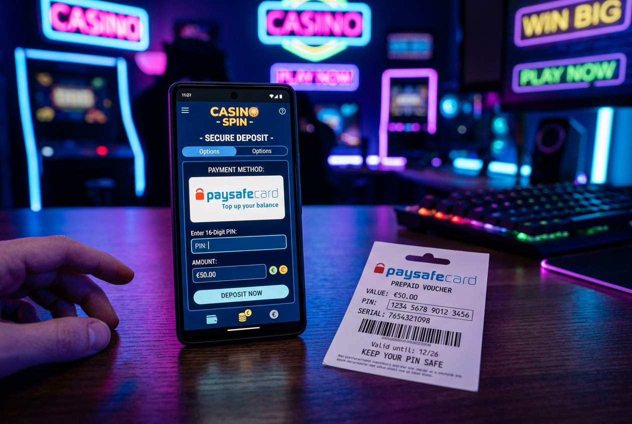 Smartphone displaying casino payment with paysafecard logo and voucher