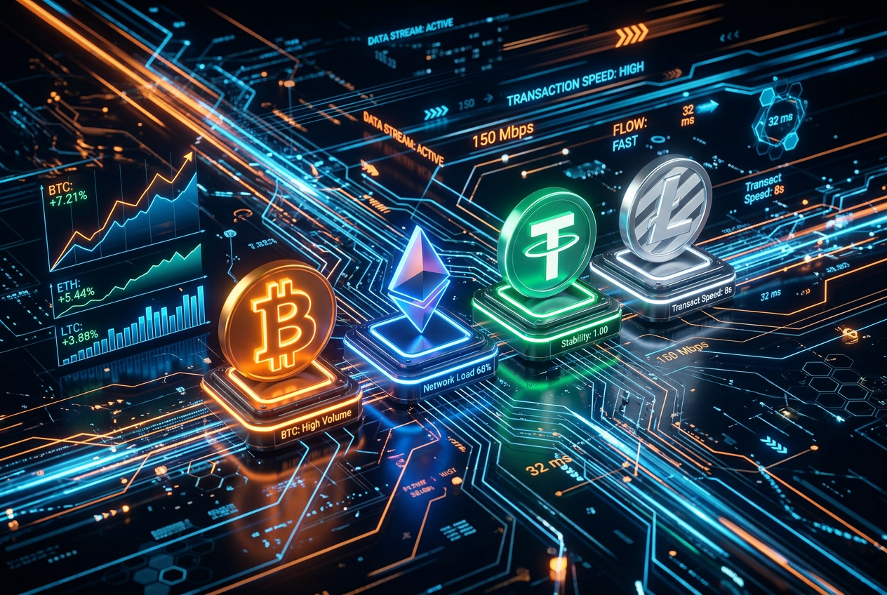Porównanie logotypów kryptowalut Bitcoin, Ethereum i Tether na cyfrowym tle przepływu danych