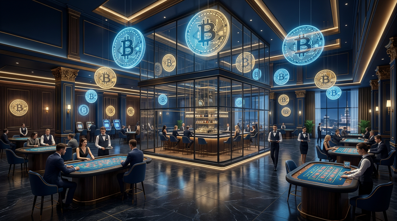 Futurystyczne kasyno krypto z hologramami Bitcoin w luksusowym wnętrzu