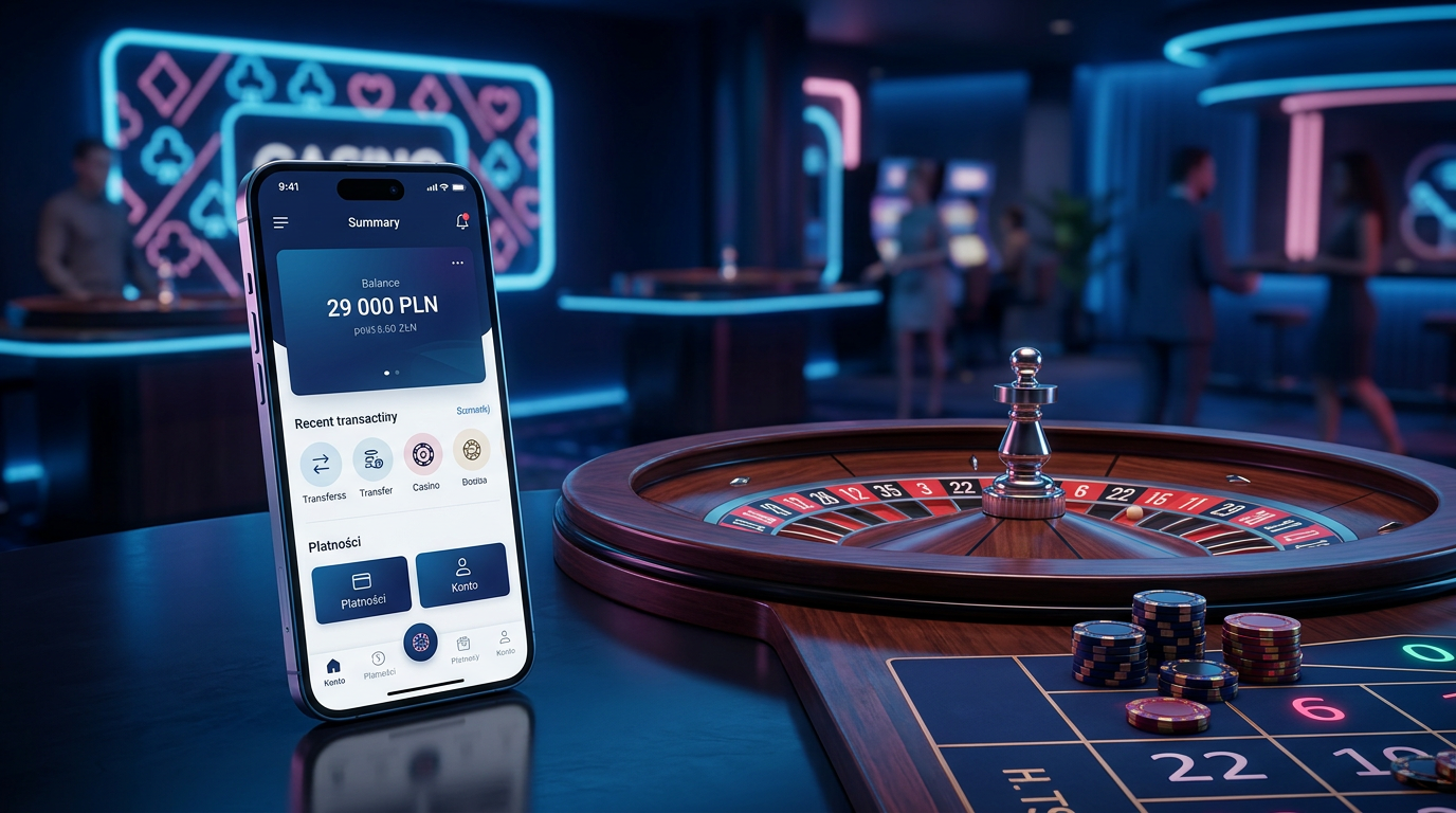 Smartphone z aplikacją Revolut obok ruletki w kasynie online
