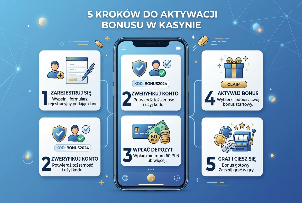 Infografika przedstawiająca 5 kroków do aktywacji bonusu 60 zł bez depozytu w polskim kasynie online