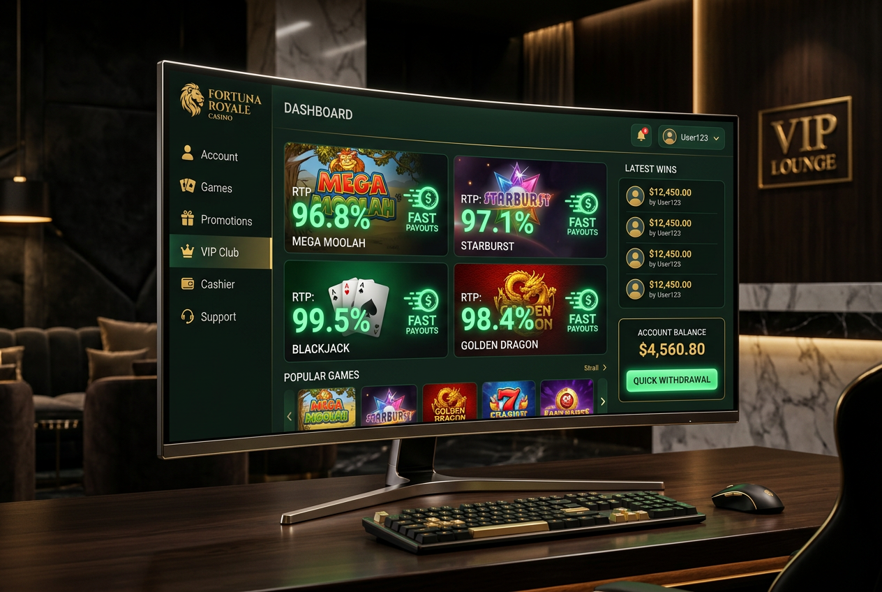 Modern online casino interface showing high RTP and fast payout statistics