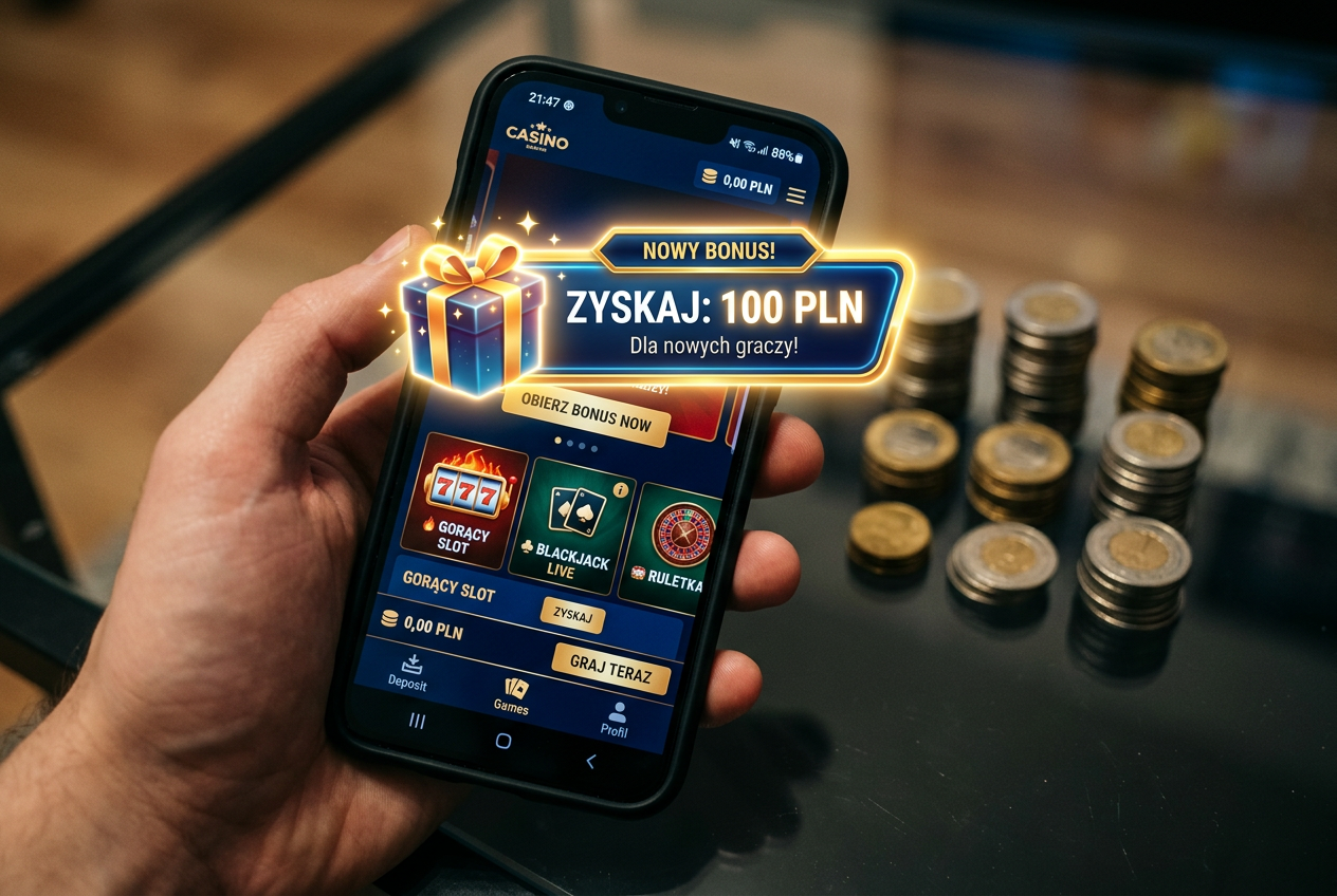 Grafika przedstawiająca bonus 100 zł bez depozytu za rejestrację w nowoczesnym kasynie online