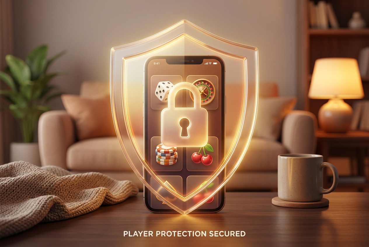 Symbolic shield and smartphone representing responsible gambling tools